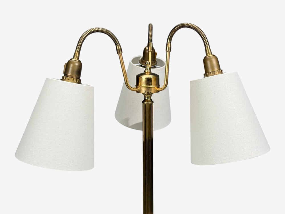Swedish Modern, Three Light Floor Lamp, Reeded Brass, Fabric, Sweden, 1970s