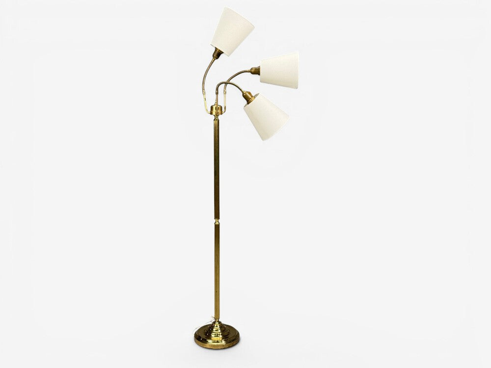 Swedish Modern, Three Light Floor Lamp, Reeded Brass, Fabric, Sweden, 1970s