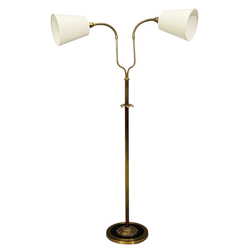 Swedish Modern, Dual Head Floor Lamp, Reeded Brass, Sweden, 1950s