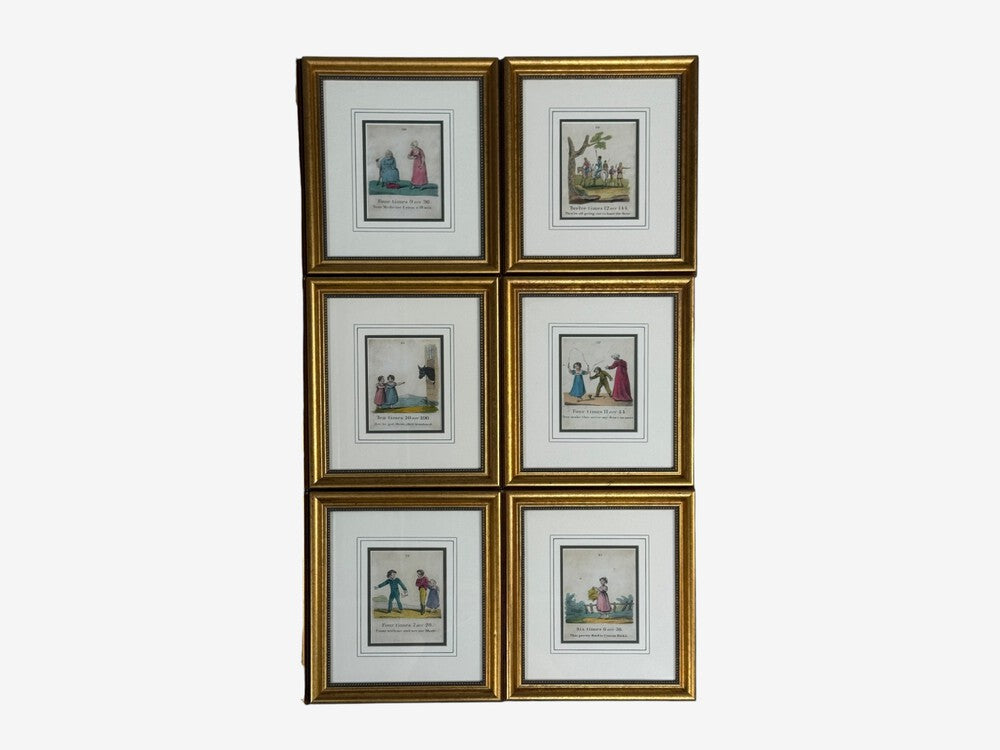 Twelve Copper Engravings, Hand Coloured, Gilt Frames, England, 1900s