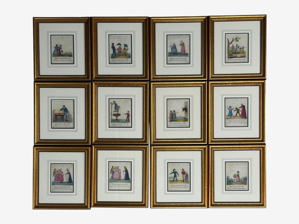 Twelve Copper Engravings, Hand Coloured, Gilt Frames, England, 1900s