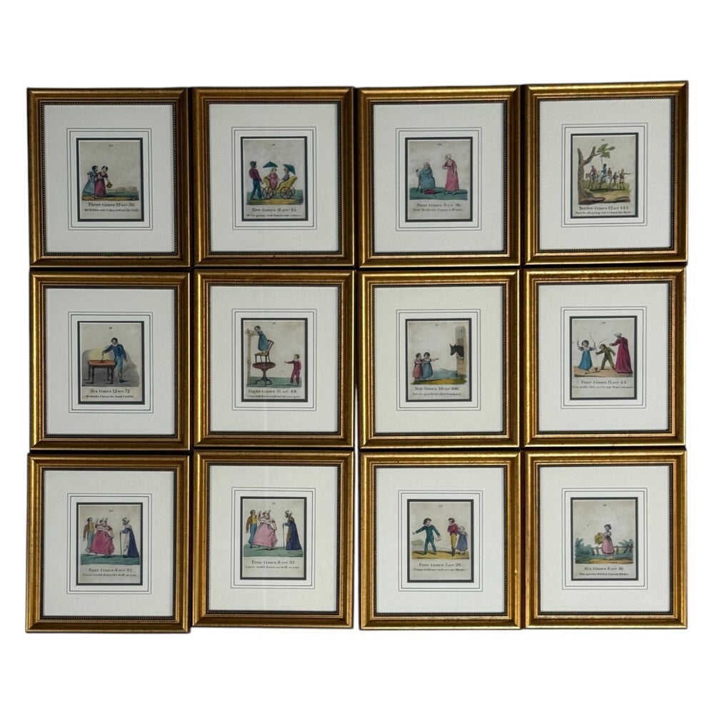 Twelve Copper Engravings, Hand Coloured, Gilt Frames, England, 1900s