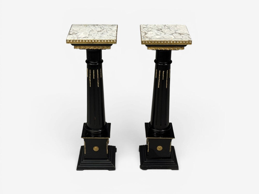Hollywood Regency, Marble Top Pedestals, Ebonized Wood, Bronze, France, 1960s