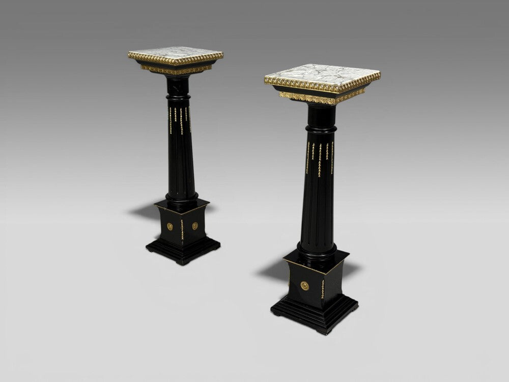 Hollywood Regency, Marble Top Pedestals, Ebonized Wood, Bronze, France, 1960s