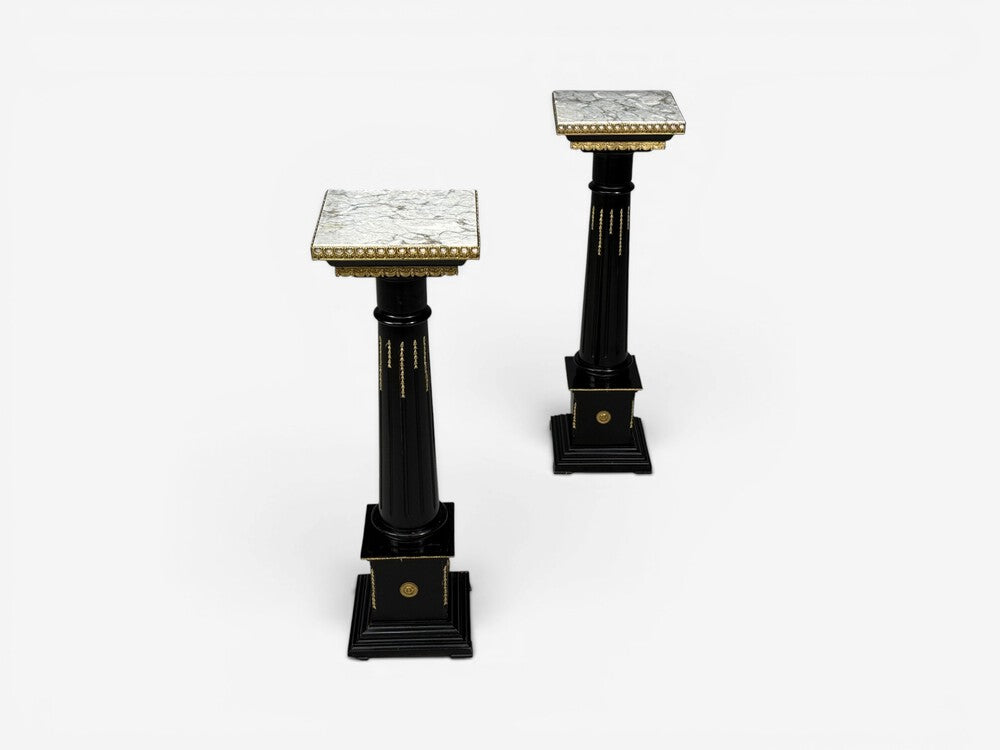 Hollywood Regency, Marble Top Pedestals, Ebonized Wood, Bronze, France, 1960s