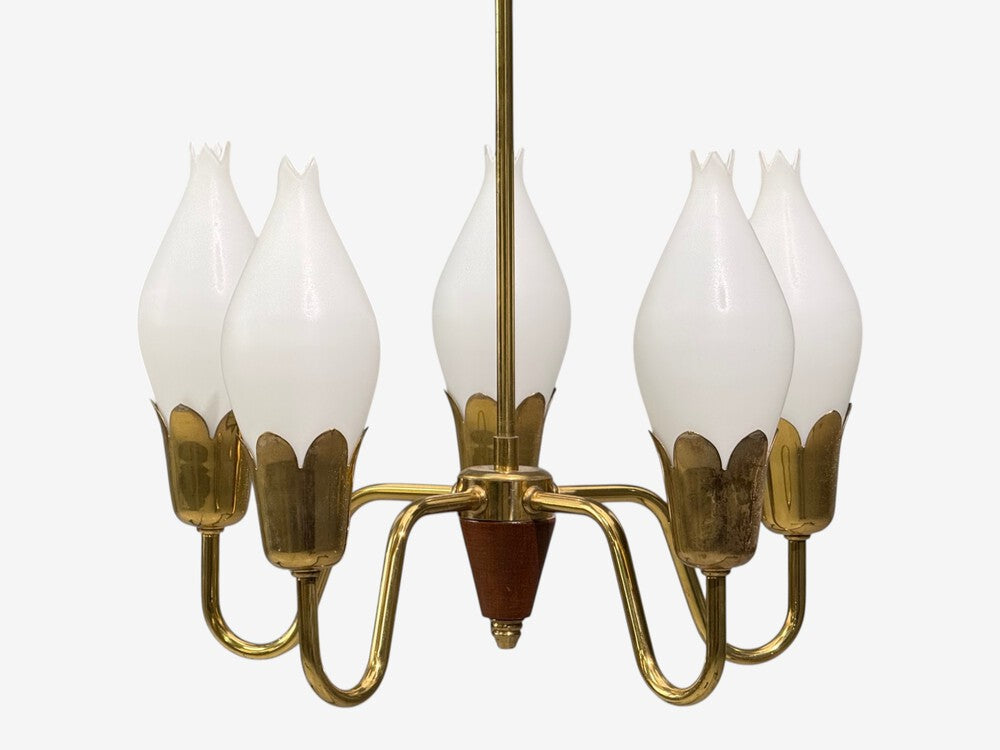 Fog & Mørup, Tulip Chandelier, Opal Glass, Brass, Teak, Denmark, 1960s