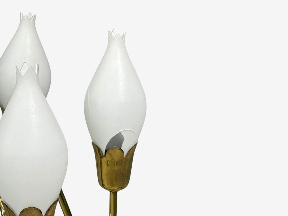 Fog & Mørup, Tulip Chandelier, Opal Glass, Brass, Teak, Denmark, 1960s