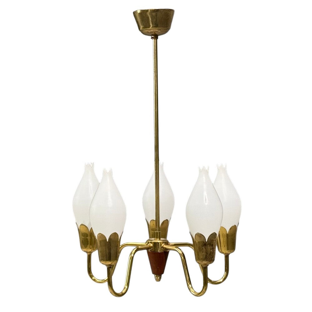 Fog & Mørup, Tulip Chandelier, Opal Glass, Brass, Teak, Denmark, 1960s