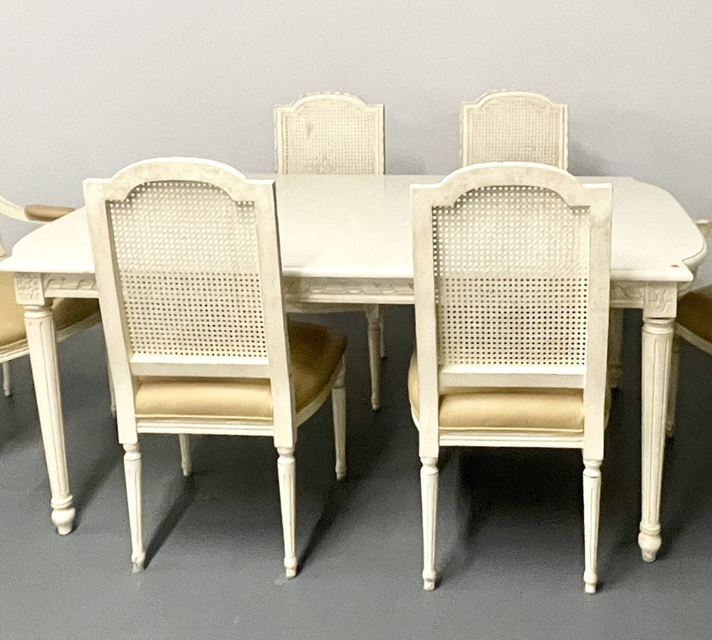 Six Louis XVI Style Wood Carved Painted Dining Chairs, Cane Back, Leather