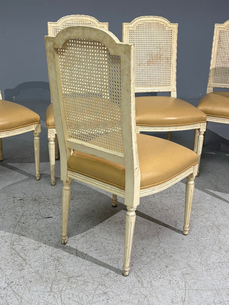 Six Louis XVI Style Wood Carved Painted Dining Chairs, Cane Back, Leather