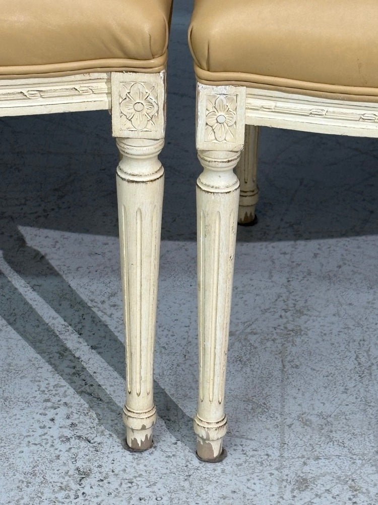 Six Louis XVI Style Wood Carved Painted Dining Chairs, Cane Back, Leather
