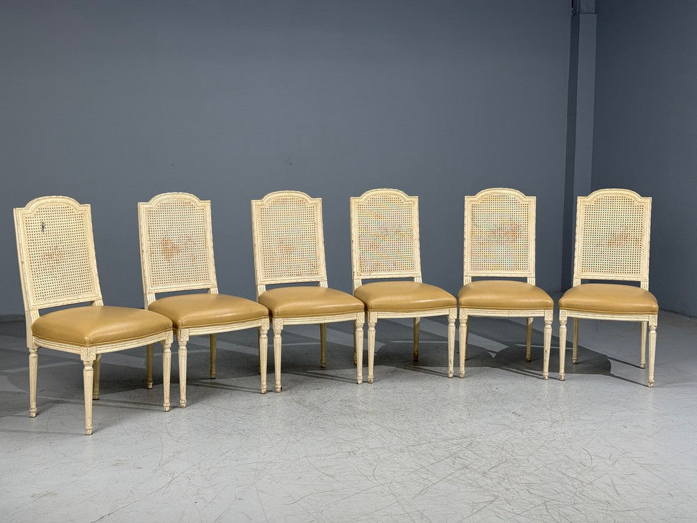 Six Louis XVI Style Wood Carved Painted Dining Chairs, Cane Back, Leather