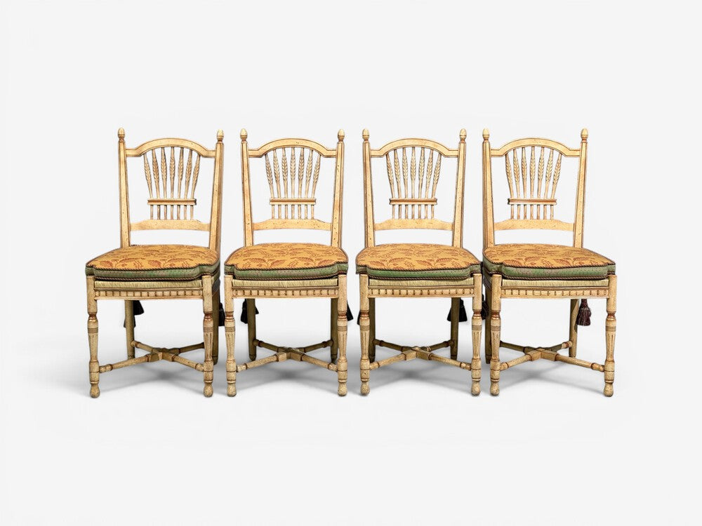 Regency, Four Dining Chairs, Painted Wood, Straw, Fabric, USA, 1940s