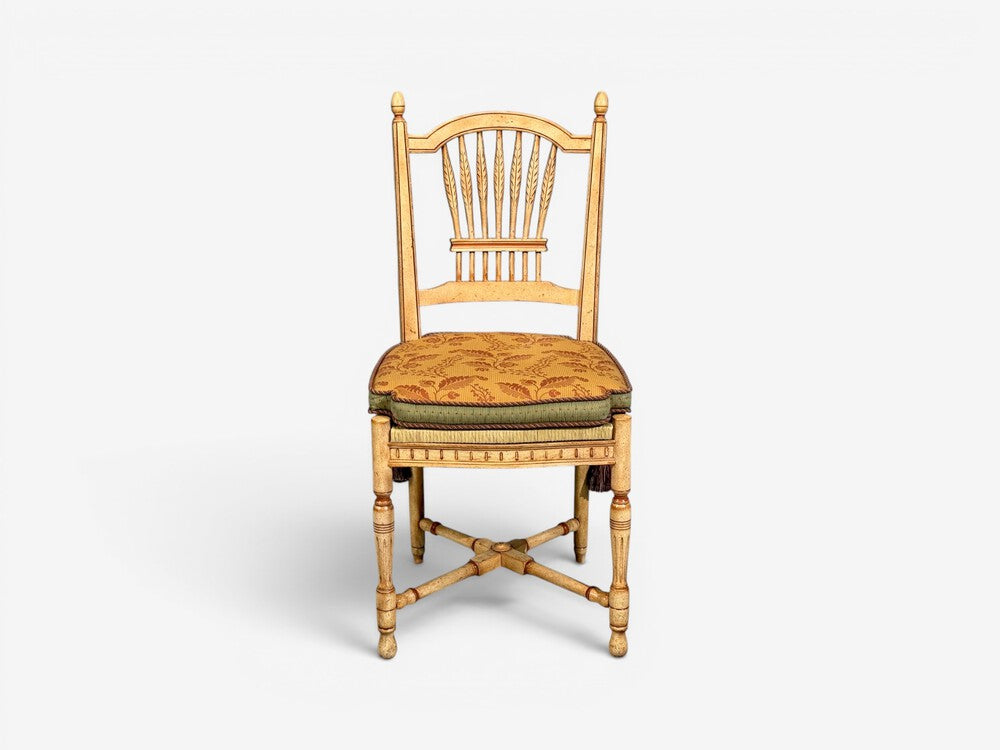 Regency, Four Dining Chairs, Painted Wood, Straw, Fabric, USA, 1940s