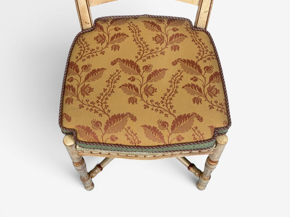 Regency, Four Dining Chairs, Painted Wood, Straw, Fabric, USA, 1940s