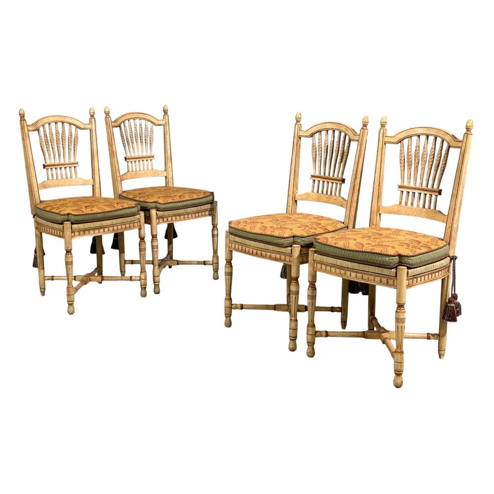Regency, Four Dining Chairs, Painted Wood, Straw, Fabric, USA, 1940s