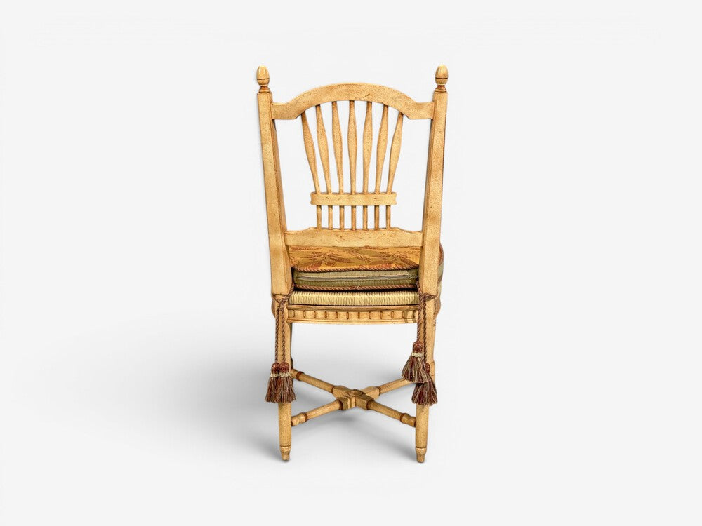 Regency, Four Dining Chairs, Painted Wood, Straw, Fabric, USA, 1940s