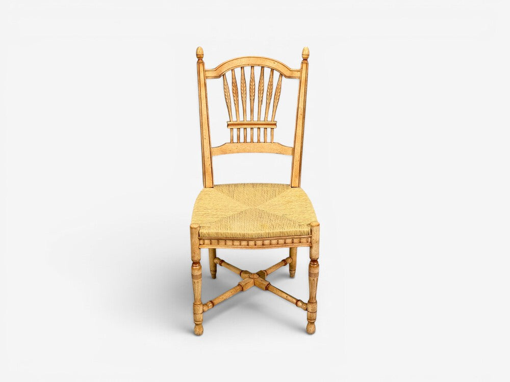 Regency, Four Dining Chairs, Painted Wood, Straw, Fabric, USA, 1940s