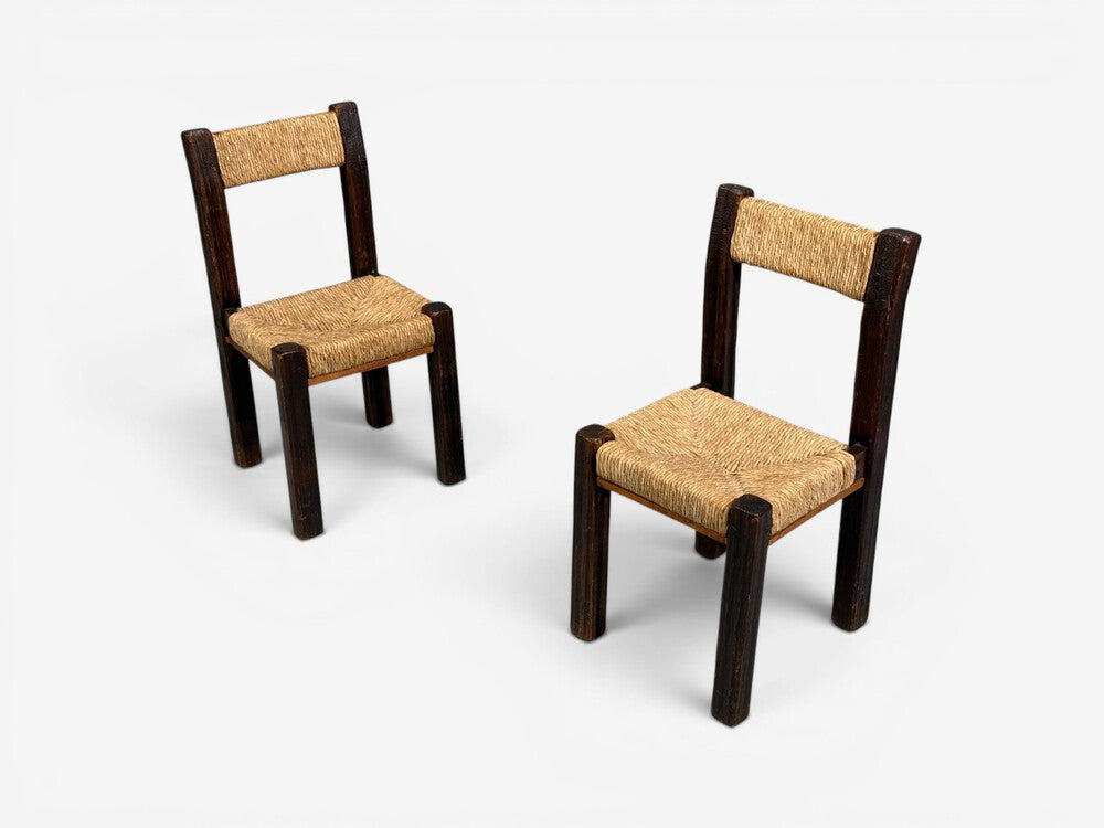 Charlotte Perriand Style, Six Brutalist Dining Chairs, Wood, Straw, France, 1960s