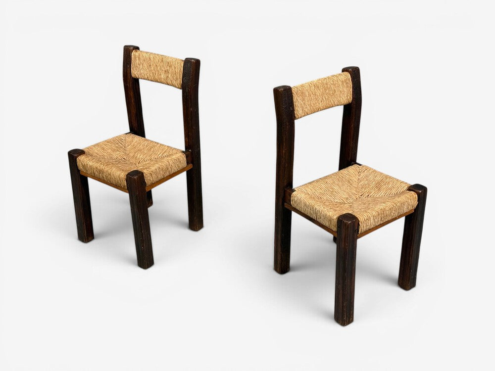 Charlotte Perriand Style, Six Brutalist Dining Chairs, Wood, Straw, France, 1960s