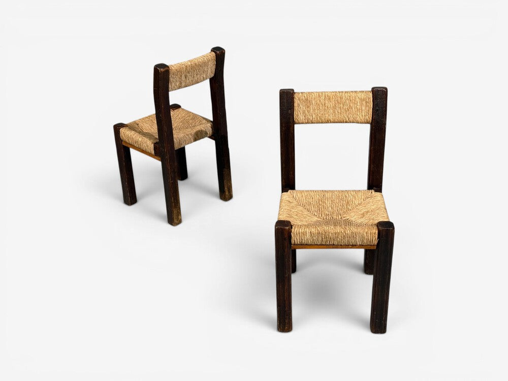 Charlotte Perriand Style, Six Brutalist Dining Chairs, Wood, Straw, France, 1960s