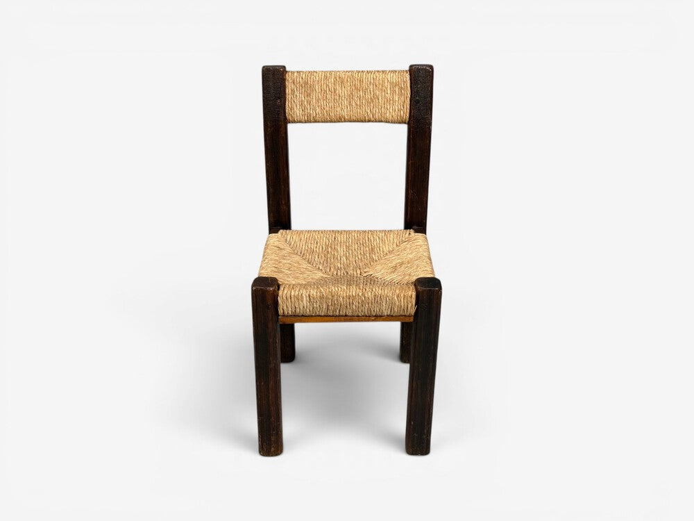 Charlotte Perriand Style, Six Brutalist Dining Chairs, Wood, Straw, France, 1960s