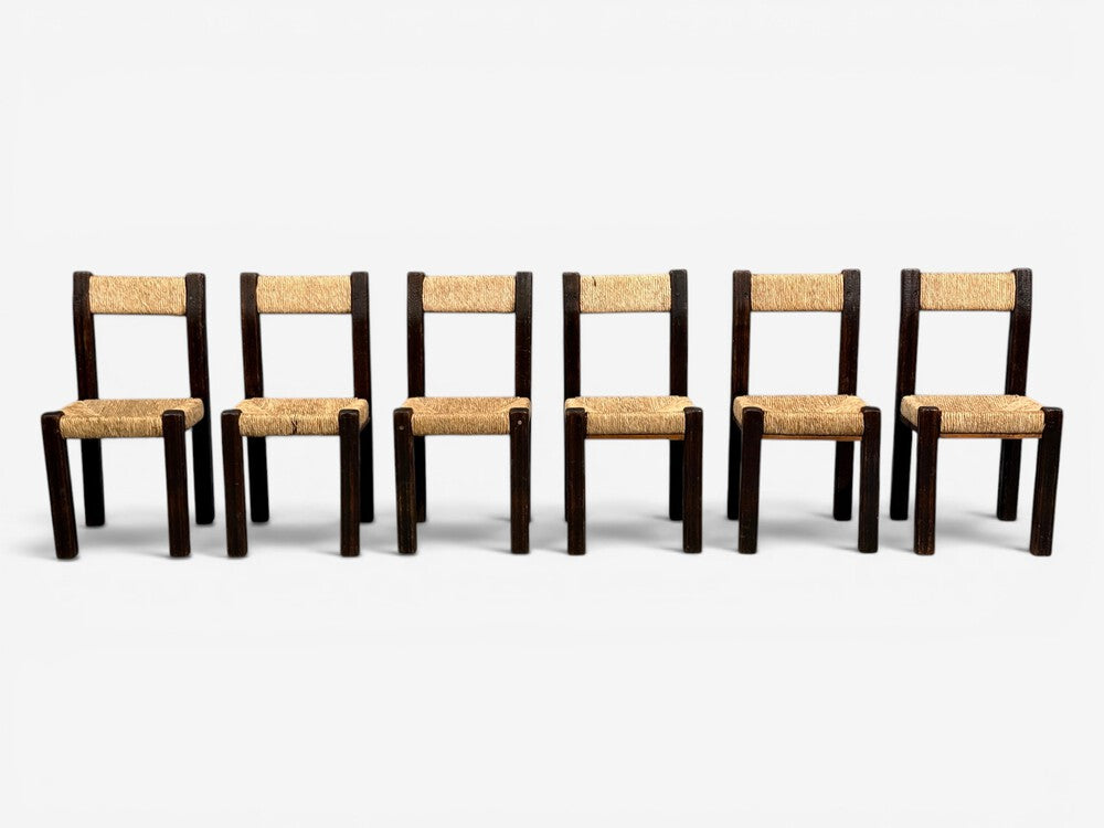 Charlotte Perriand Style, Six Brutalist Dining Chairs, Wood, Straw, France, 1960s
