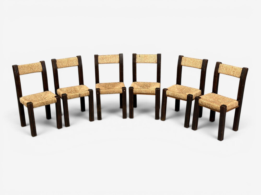 Charlotte Perriand Style, Six Brutalist Dining Chairs, Wood, Straw, France, 1960s