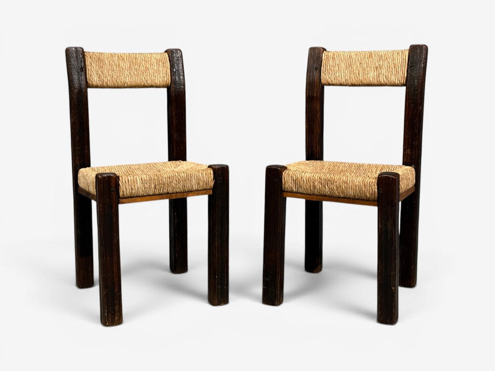 Charlotte Perriand Style, Six Brutalist Dining Chairs, Wood, Straw, France, 1960s