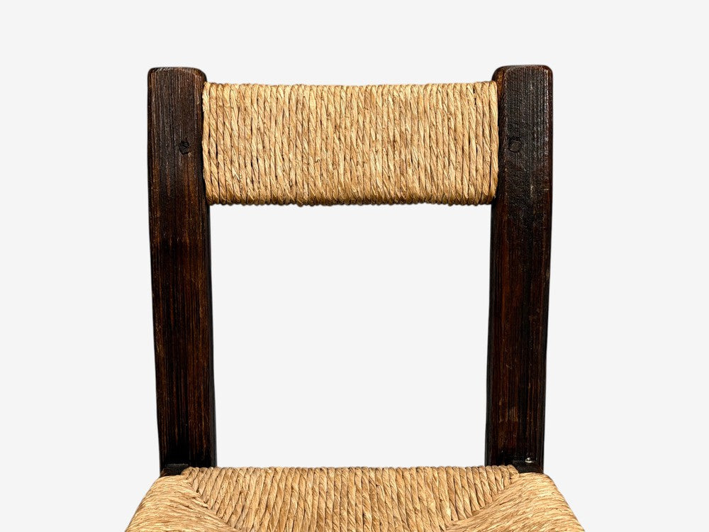 Charlotte Perriand Style, Six Brutalist Dining Chairs, Wood, Straw, France, 1960s
