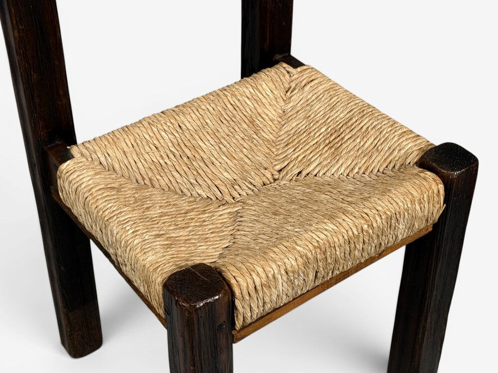 Charlotte Perriand Style, Six Brutalist Dining Chairs, Wood, Straw, France, 1960s