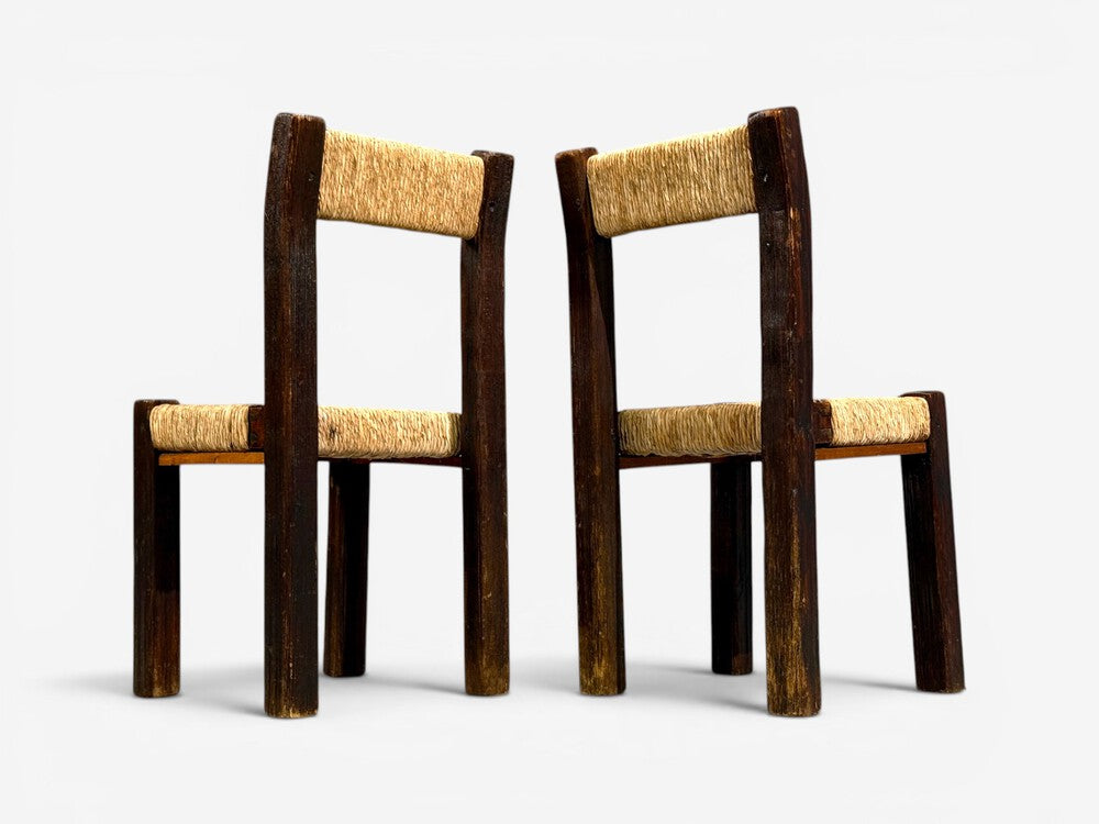 Charlotte Perriand Style, Six Brutalist Dining Chairs, Wood, Straw, France, 1960s