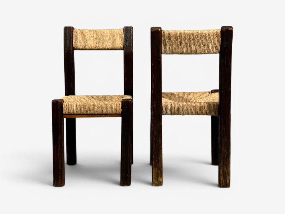 Charlotte Perriand Style, Six Brutalist Dining Chairs, Wood, Straw, France, 1960s
