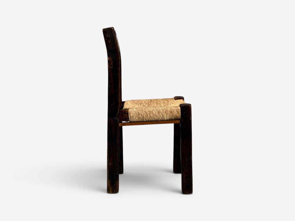 Charlotte Perriand Style, Six Brutalist Dining Chairs, Wood, Straw, France, 1960s