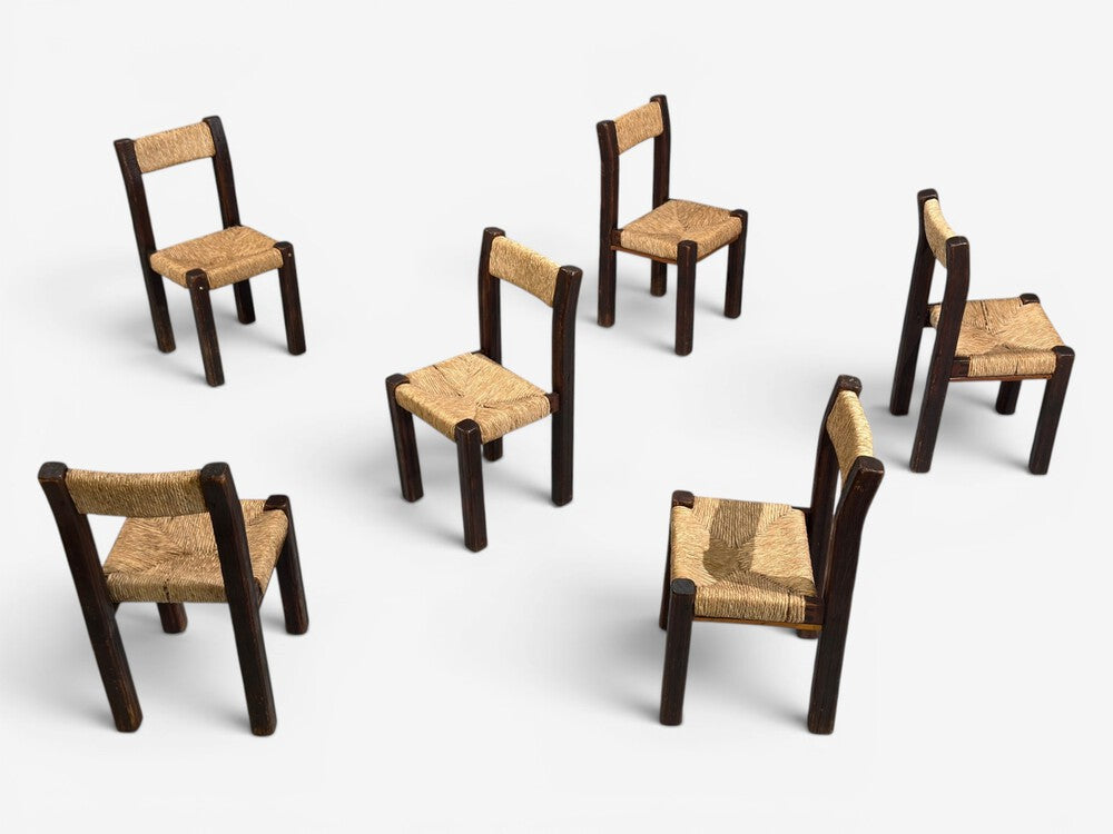 Charlotte Perriand Style, Six Brutalist Dining Chairs, Wood, Straw, France, 1960s
