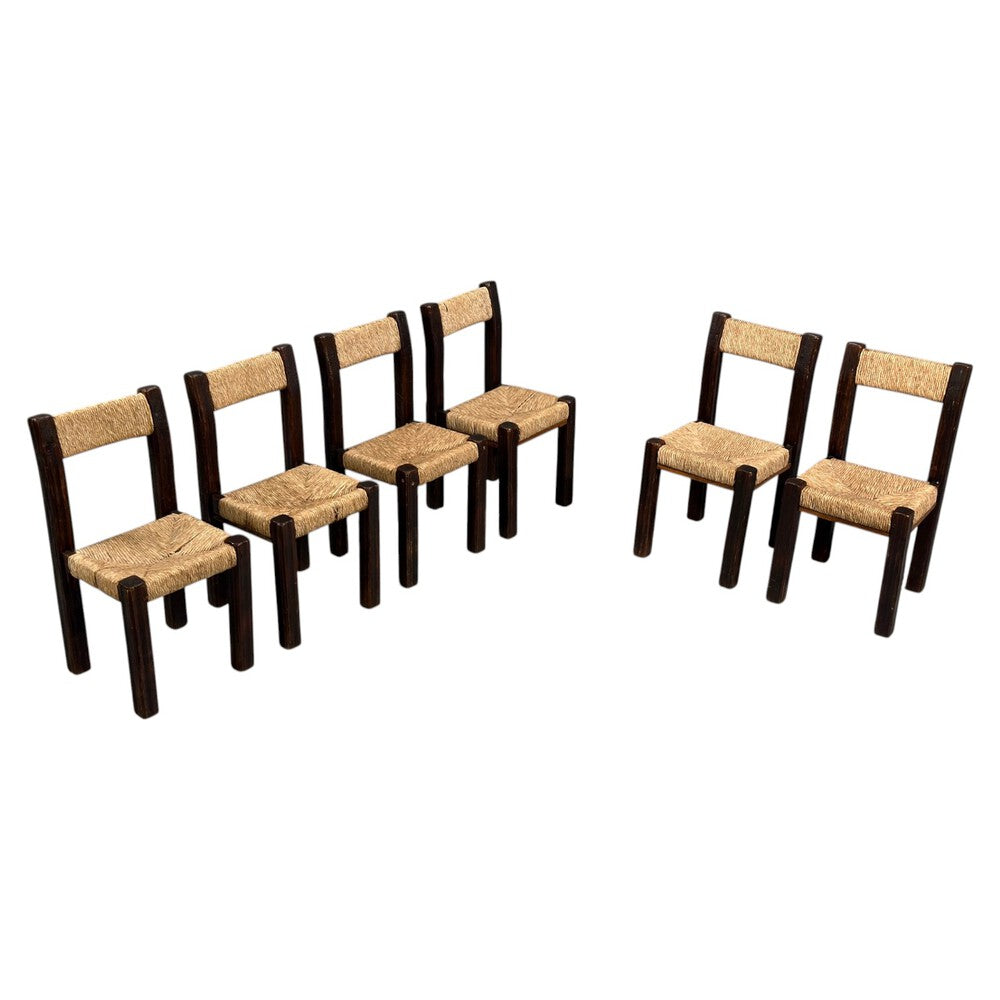 Charlotte Perriand Style, Six Brutalist Dining Chairs, Wood, Straw, France, 1960s