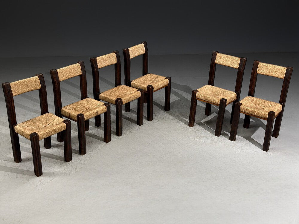 Charlotte Perriand Style, Six Brutalist Dining Chairs, Wood, Straw, France, 1960s