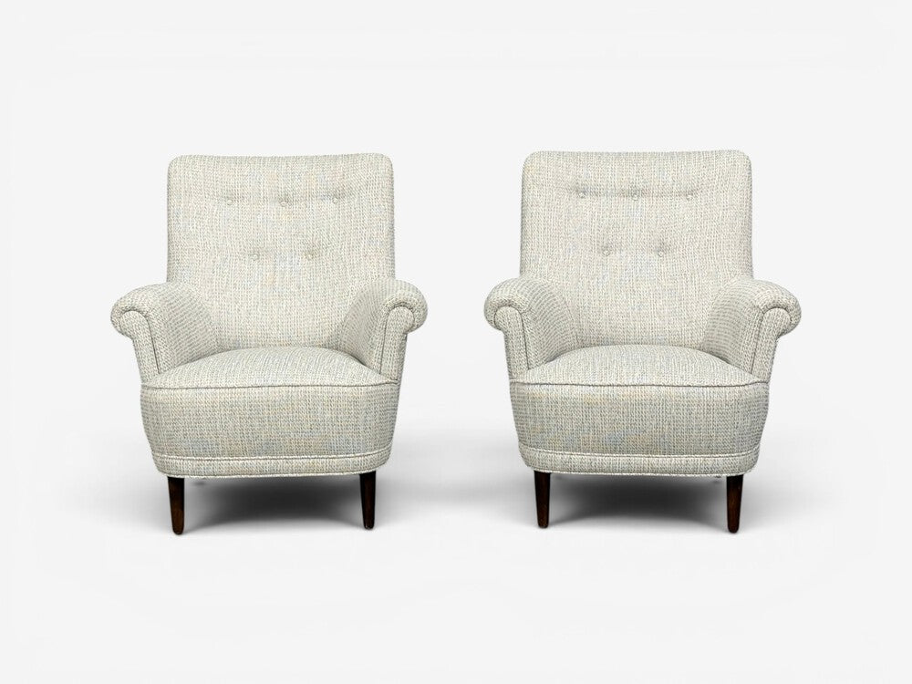 Carl Malmsten, Lounge Chairs, Grey Fabric, Wood, Sweden, 1950s