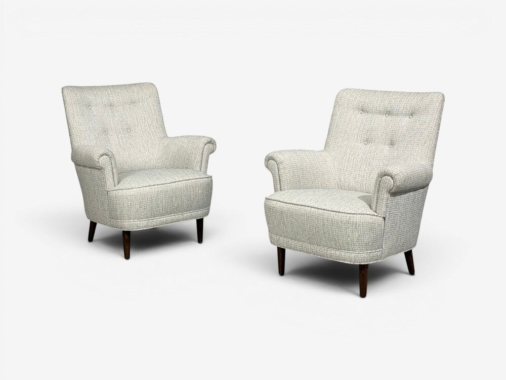 Carl Malmsten, Lounge Chairs, Grey Fabric, Wood, Sweden, 1950s
