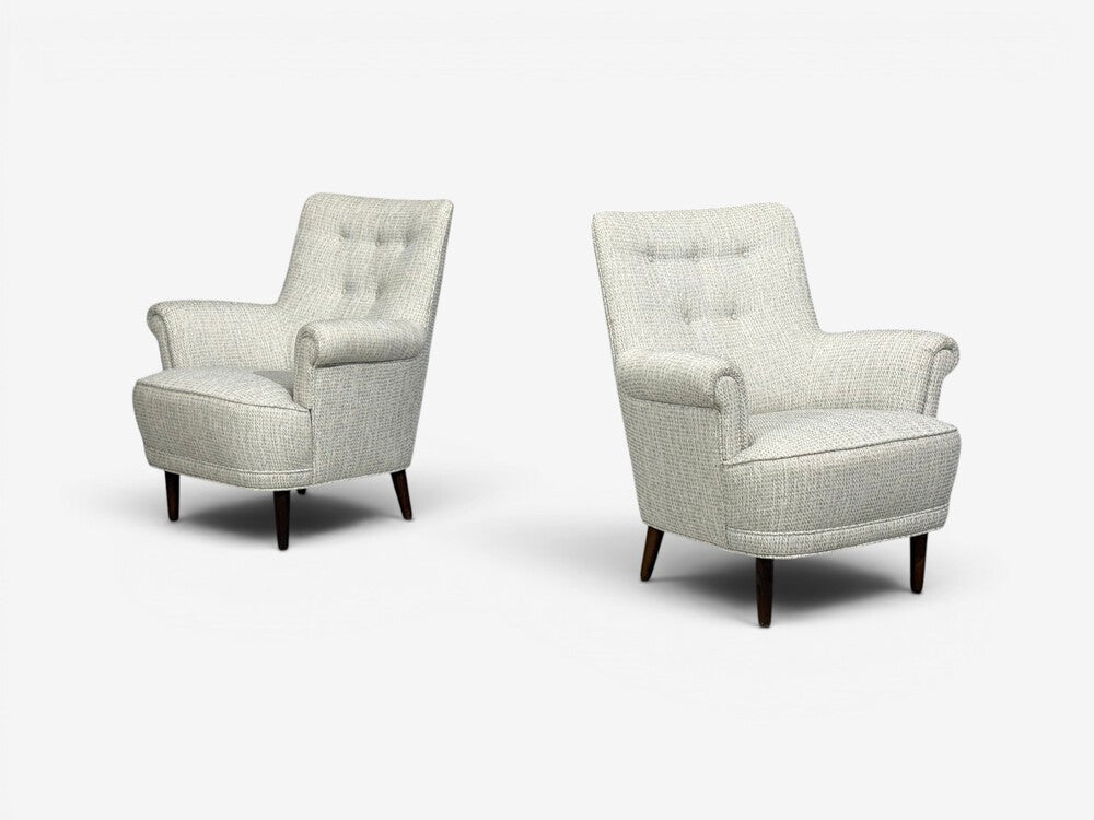 Carl Malmsten, Lounge Chairs, Grey Fabric, Wood, Sweden, 1950s