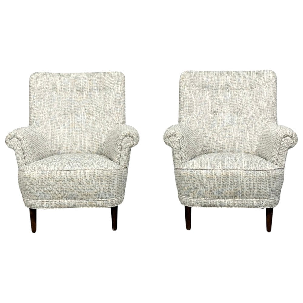 Carl Malmsten, Lounge Chairs, Grey Fabric, Wood, Sweden, 1950s