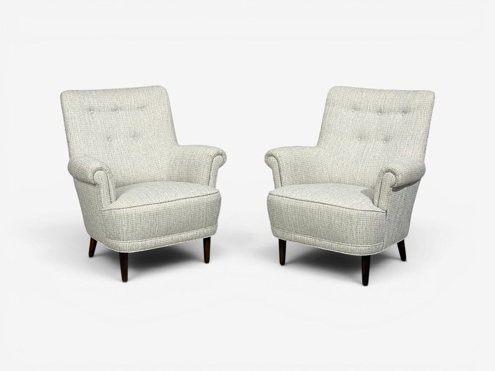 Carl Malmsten, Lounge Chairs, Grey Fabric, Wood, Sweden, 1950s