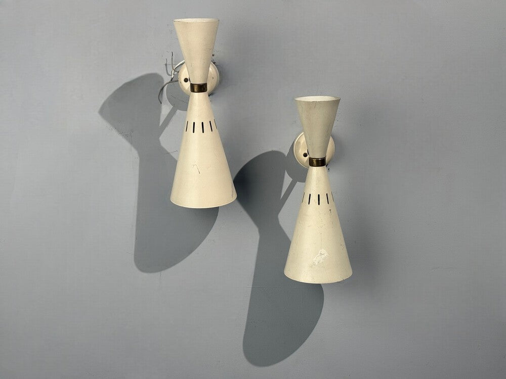 Italian Modern, White Lacquered Metal, Brass, Wall Sconces, Italy, 1960s