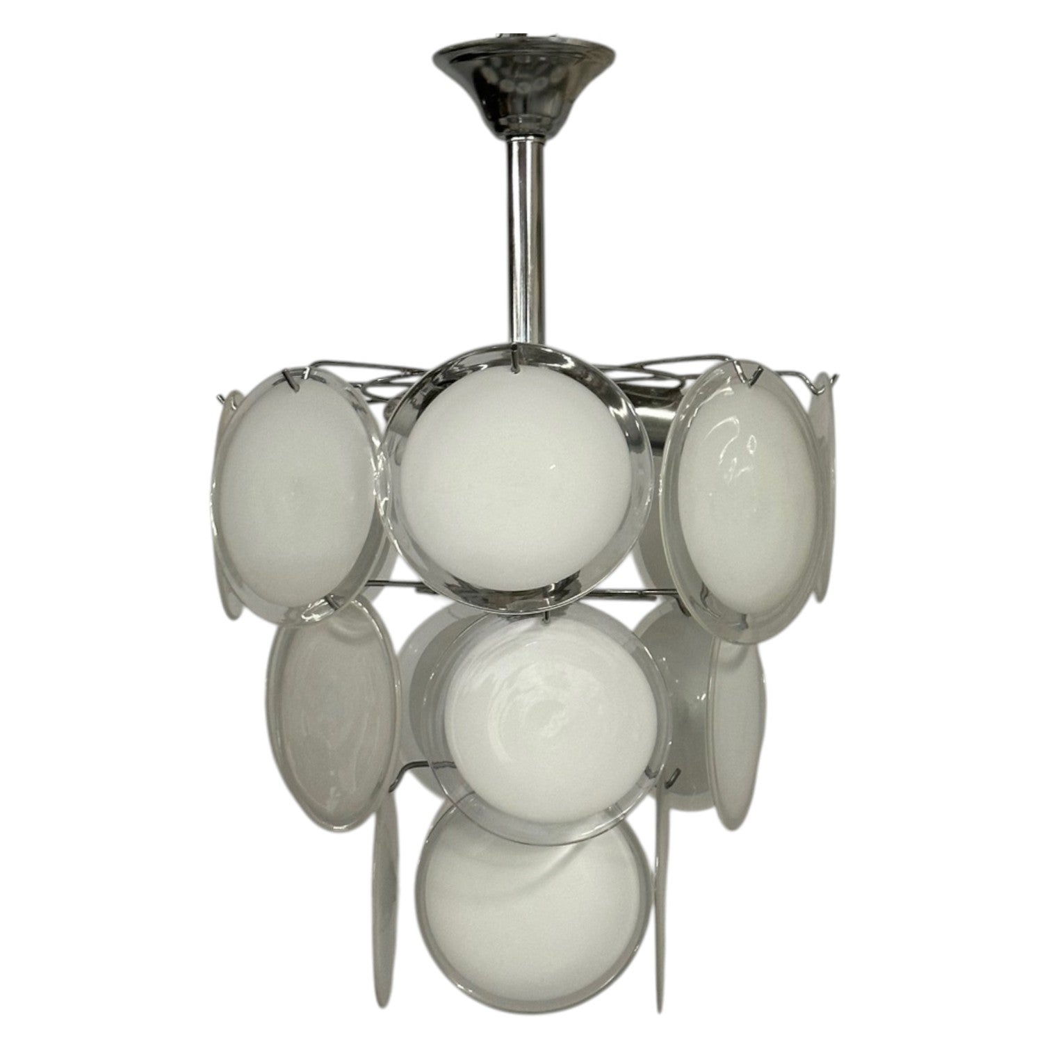 Mid-Century Modern, White Pendant Light, Murano Glass, Chrome, 1960s