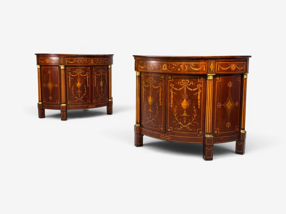 1830s French Neoclassical, Demi Lune Cabinets, Bronze, Satinwood Inlay
