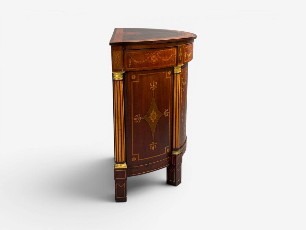 1830s French Neoclassical, Demi Lune Cabinets, Bronze, Satinwood Inlay