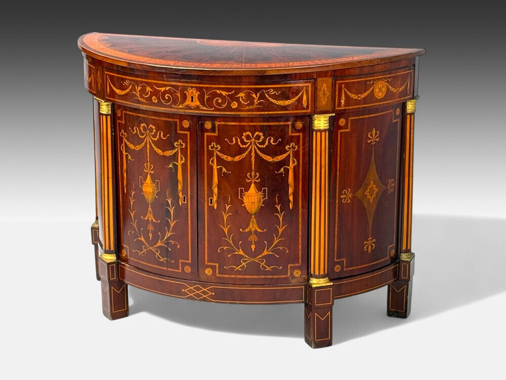 1830s French Neoclassical, Demi Lune Cabinets, Bronze, Satinwood Inlay