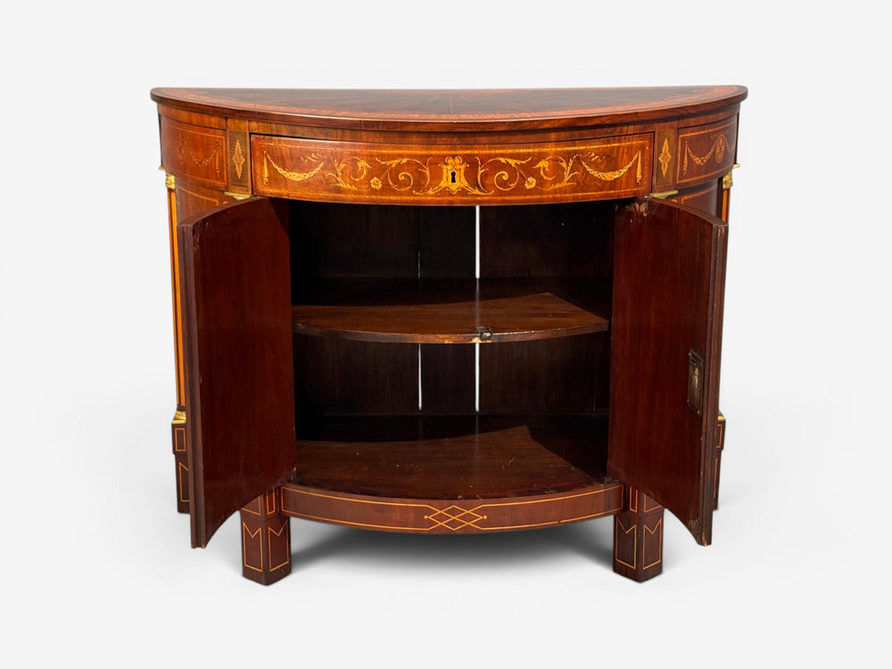 1830s French Neoclassical, Demi Lune Cabinets, Bronze, Satinwood Inlay
