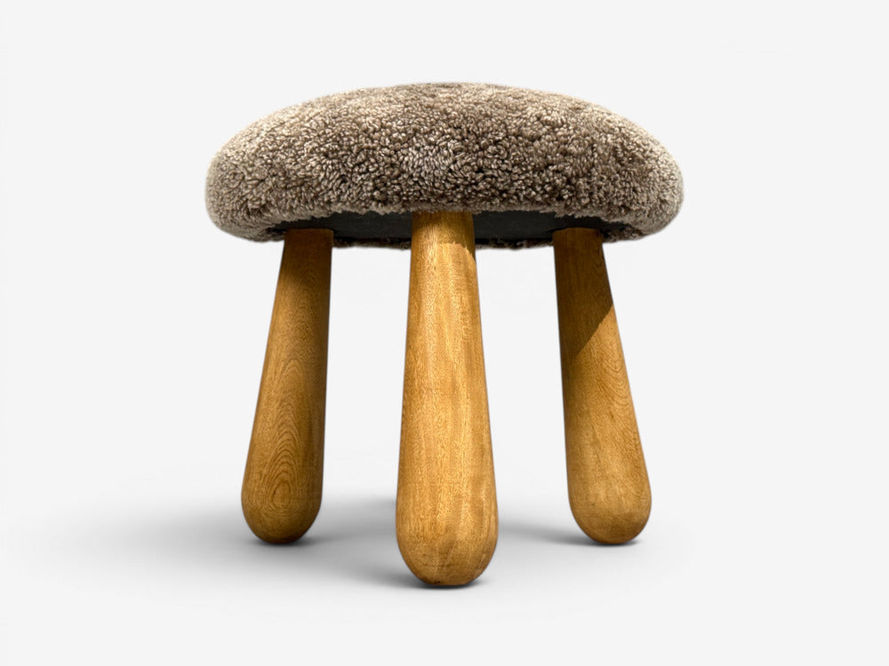 Danish Modern Style, Gray Sheepskin, Maple, Shearling Footstools, 21st c.
