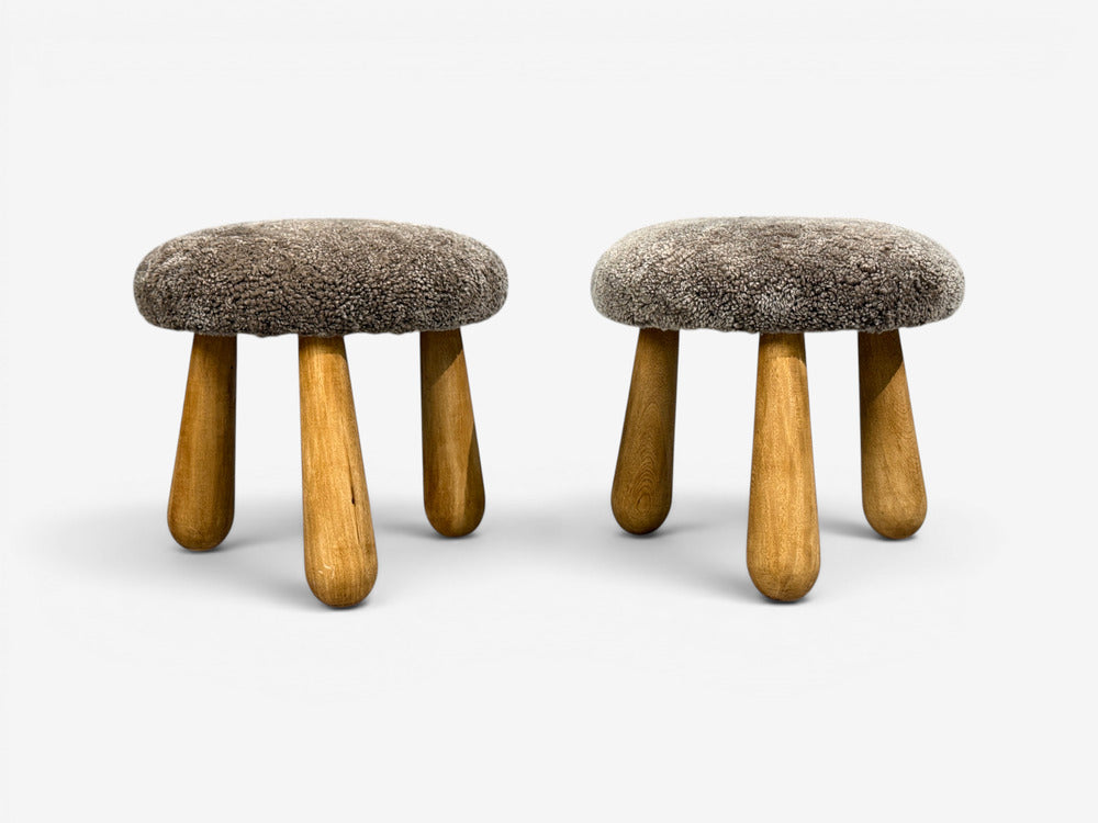Danish Modern Style, Gray Sheepskin, Maple, Shearling Footstools, 21st c.